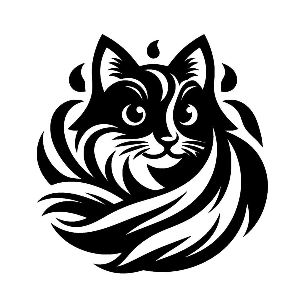 Striking Black and White Stylized Cat Design, Circular Composition, Elegant Swirls, Whiskers and Playful Expression vector