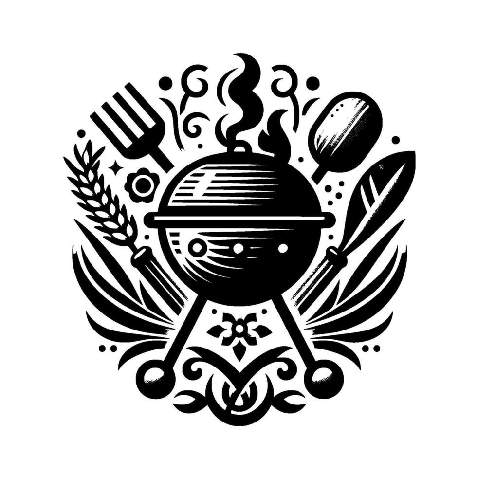 Vectorstyle illustration of a charcoal grill surrounded by stylized barbecue tools and floral embellishments, smoke rising, in monochrome. vector
