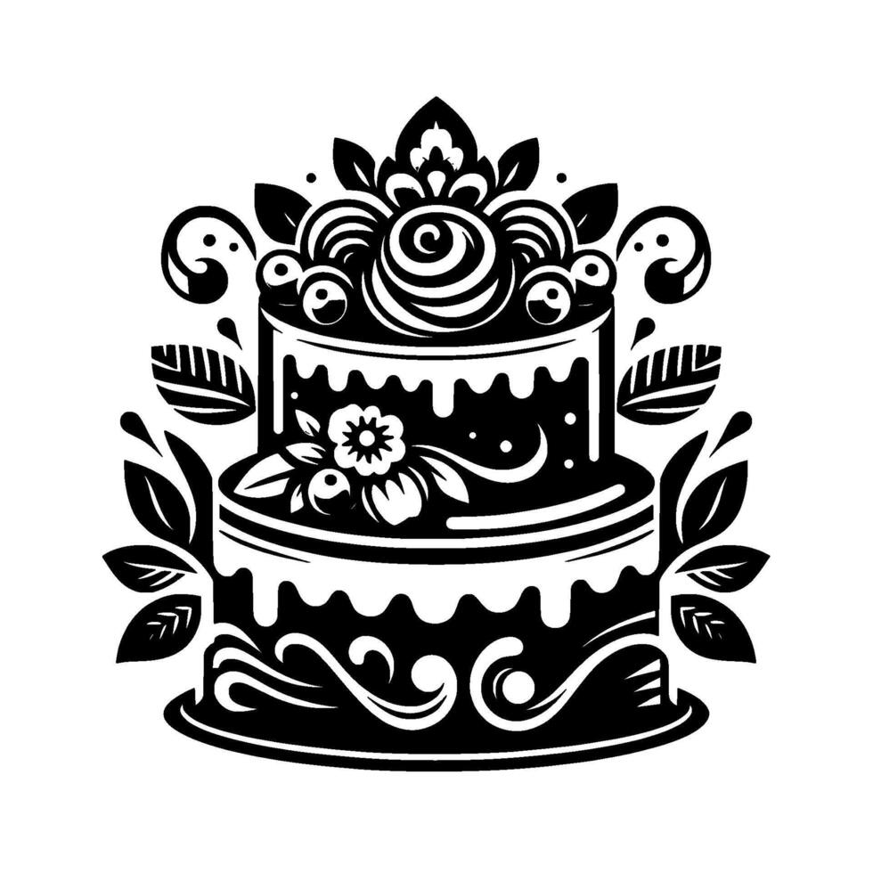 Twotiered, ornate black and white cake illustration with floral and decorative swirl embellishments, on a clean white background. vector