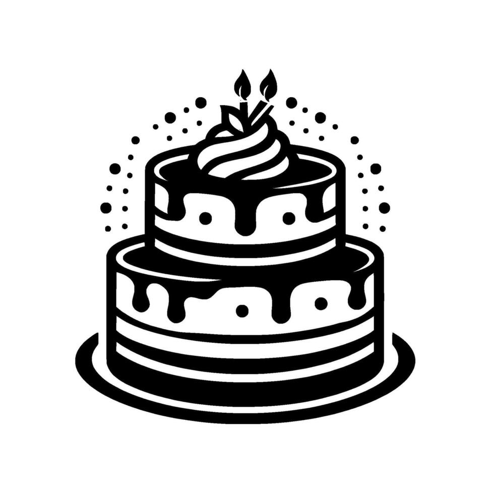 Black and White Illustration TwoTier Birthday Cake with Icing, Dripping Chocolate, Candles, and Sprinkles on White Background. vector