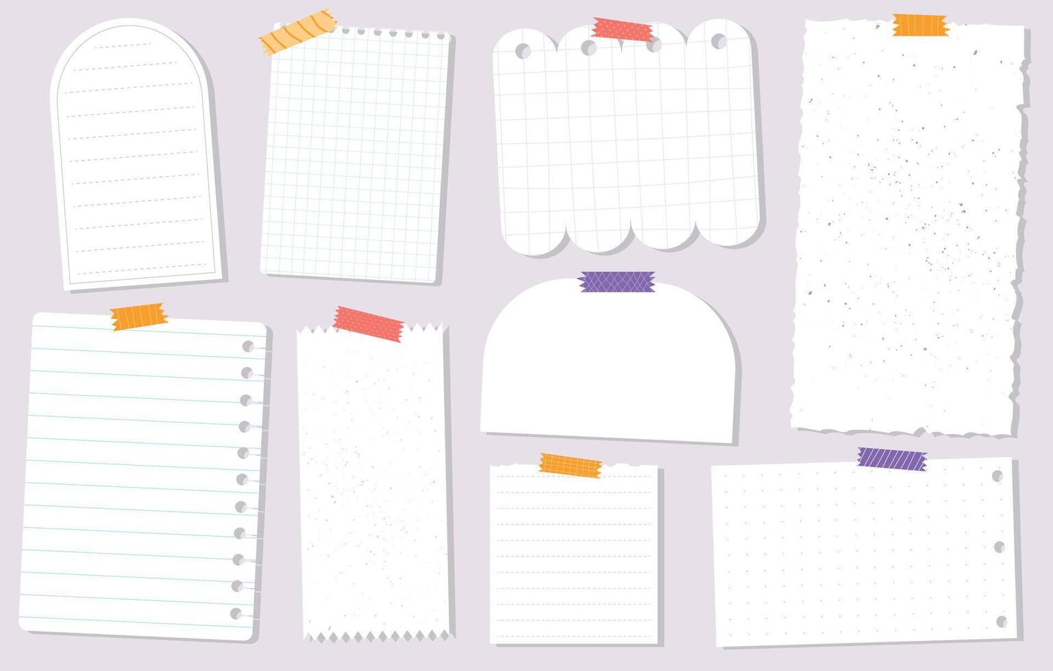 Empty note pages set, various note papers for planners, stickers, stationary, templates, social media decor, organizers, bullet journaling, etc. EPS 10 vector