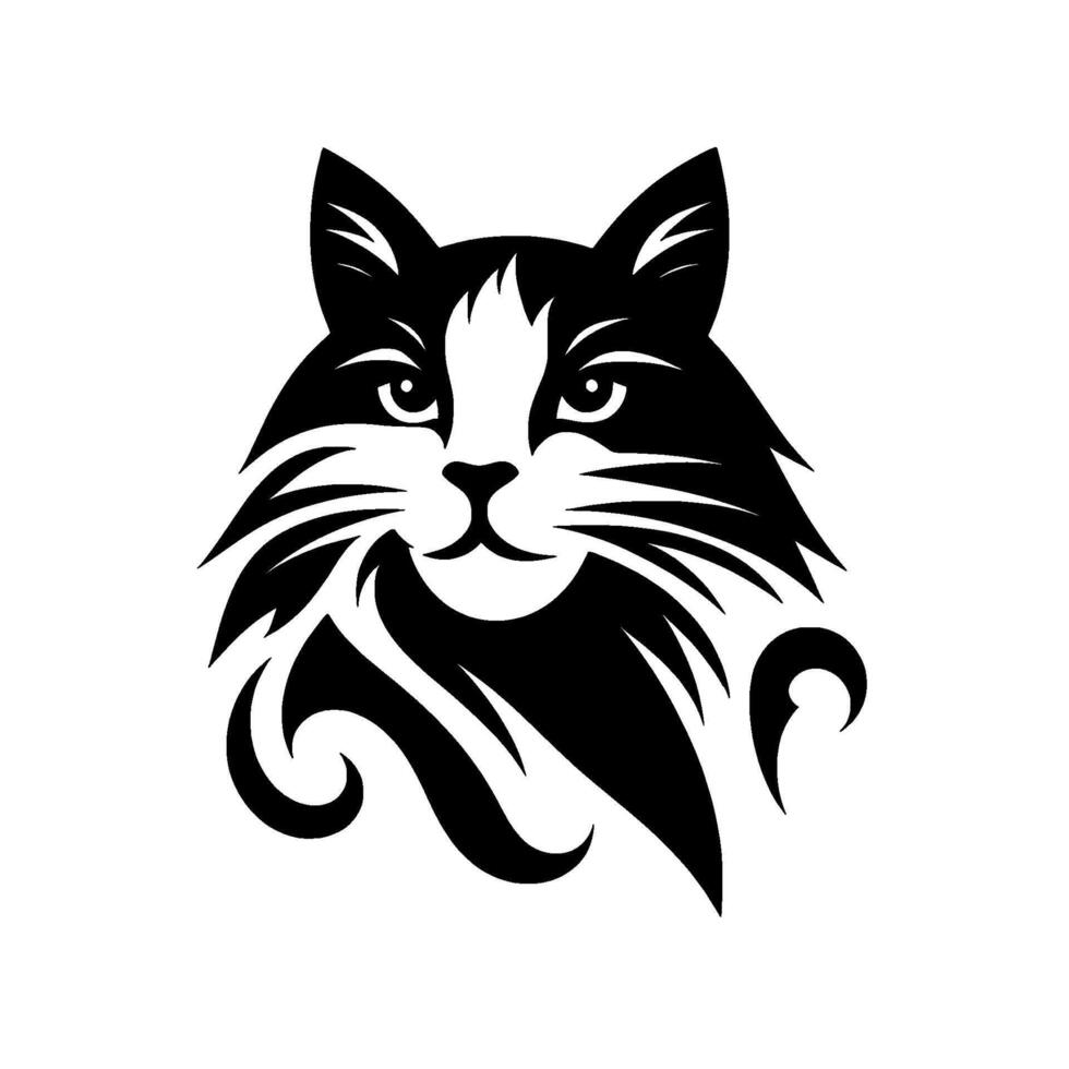 A striking black and white cat logo, featuring a stylized feline head with expressive eyes, dynamic fur details, and elegant ornamental swirls. vector