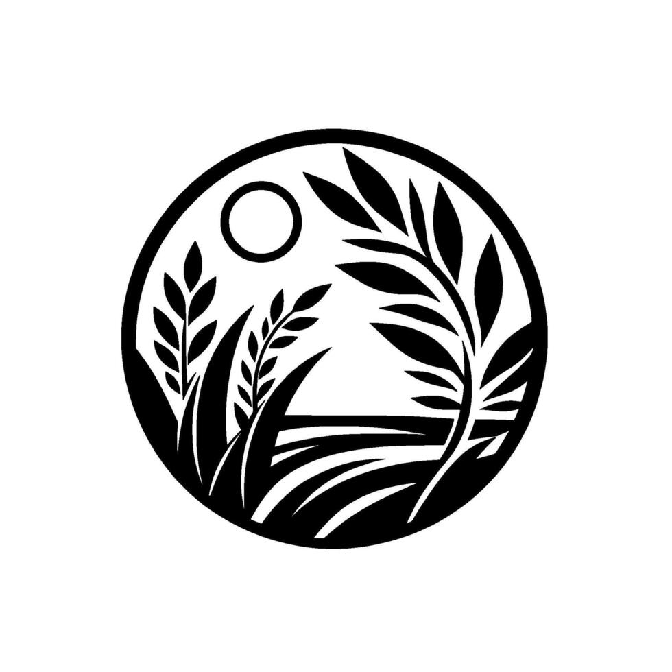 Circular Minimalist Illustration of a Landscape with Crops, Sun, and Decorative Foliage, in a Black and White Aesthetic. vector