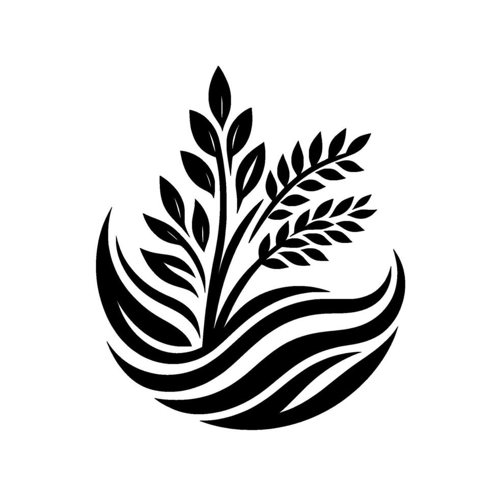 Minimalist Black and White Featuring Stylized Plants Emerging from a Wavelike Base, Clean and Organic Design. vector