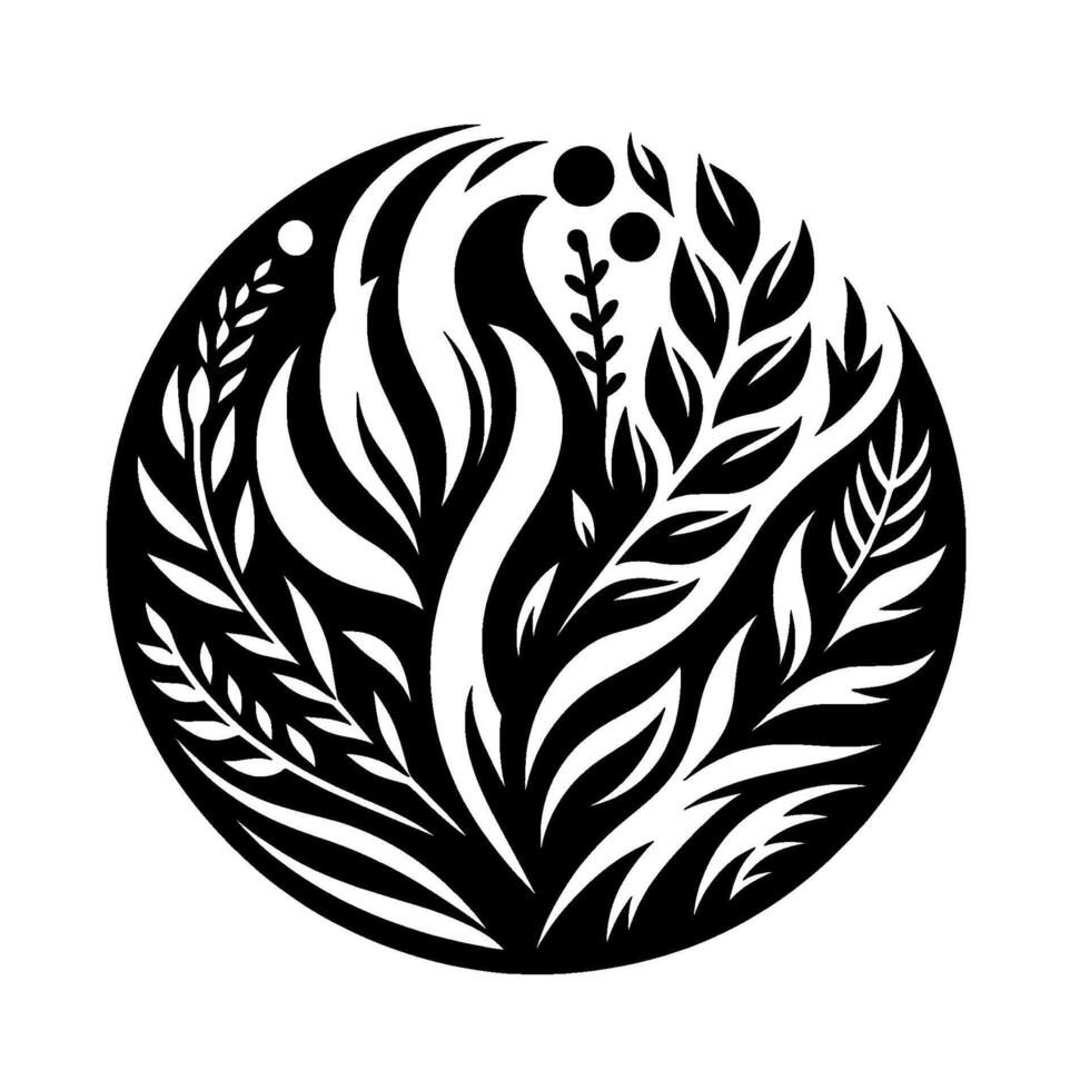 Black White Circular Featuring Organic, Stylized Foliage, Evoking Growth, Nature, and Simplicity in a Form. vector