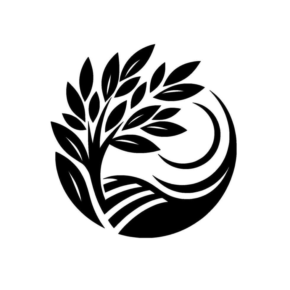 Stylized black and white nature emblem depicting a tree with leaves set within a circle with stylized landscape and crescent moon. vector