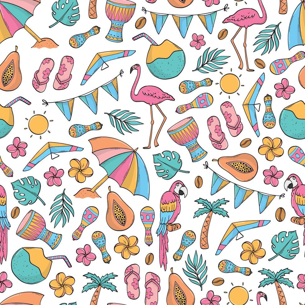Summer seamless pattern with doodles, cartoon elements for wallpaper, scrapbooking, packaging, textile prints, wrapping paper, backgrounds, digital paper, banners, etc, EPS 10 vector