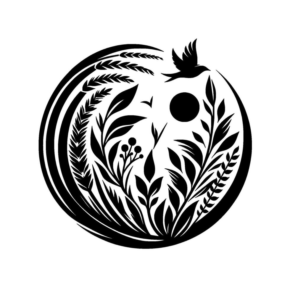 Monochrome Nature Scene Circular emblem with flora and fauna elements, a soaring bird and sun, evoking harmony. vector