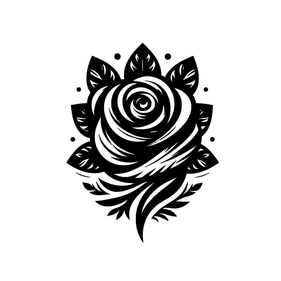 Intricate Black and White Rose Illustration with Detailed Leaves and Dot Accents, Isolated on White Background. vector