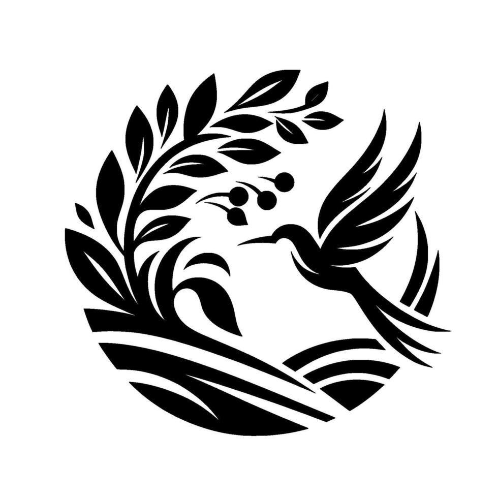 Elegant black and white illustration of a hummingbird in flight near a bush with berries, set within a circular frame, symbolizing natures grace. vector