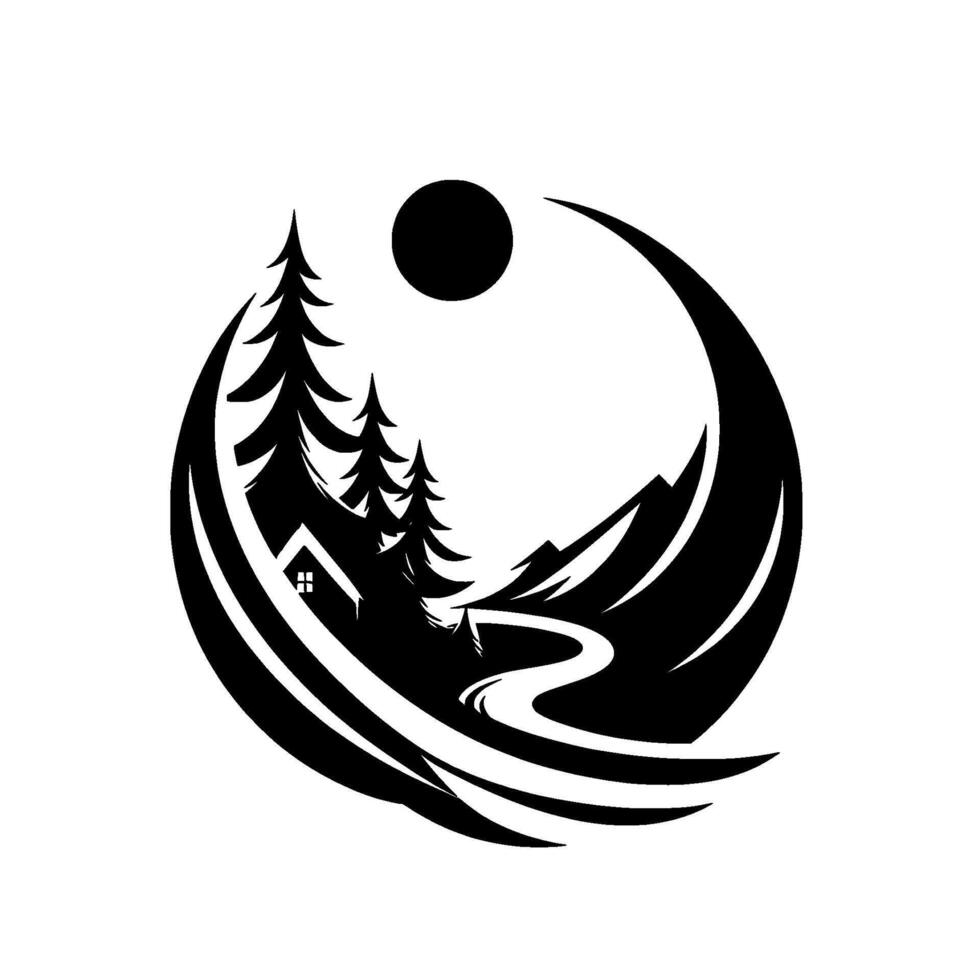 A black and white circular illustration featuring a cabin in a forest, mountains, a winding road, and a sun, evoking a sense of nature and tranquility. vector