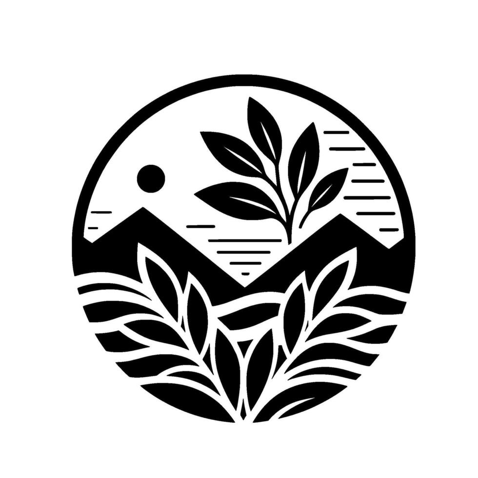 Black and White Circular Emblem Featuring Mountains, Foliage, and a Sun Over a Serene Landscape, Suggesting Natures Harmony. vector