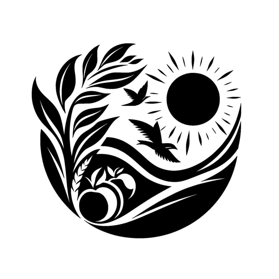 A stylized, black and white circular featuring a sun, birds, stylized wheat and a fruit or vegetable, symbolizing natures bounty. vector