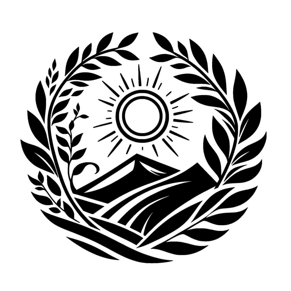 Monochrome Emblem Depicting Sunburst Above Mountains Within a Laurel Wreath, Minimalist, NatureInspired Design. vector