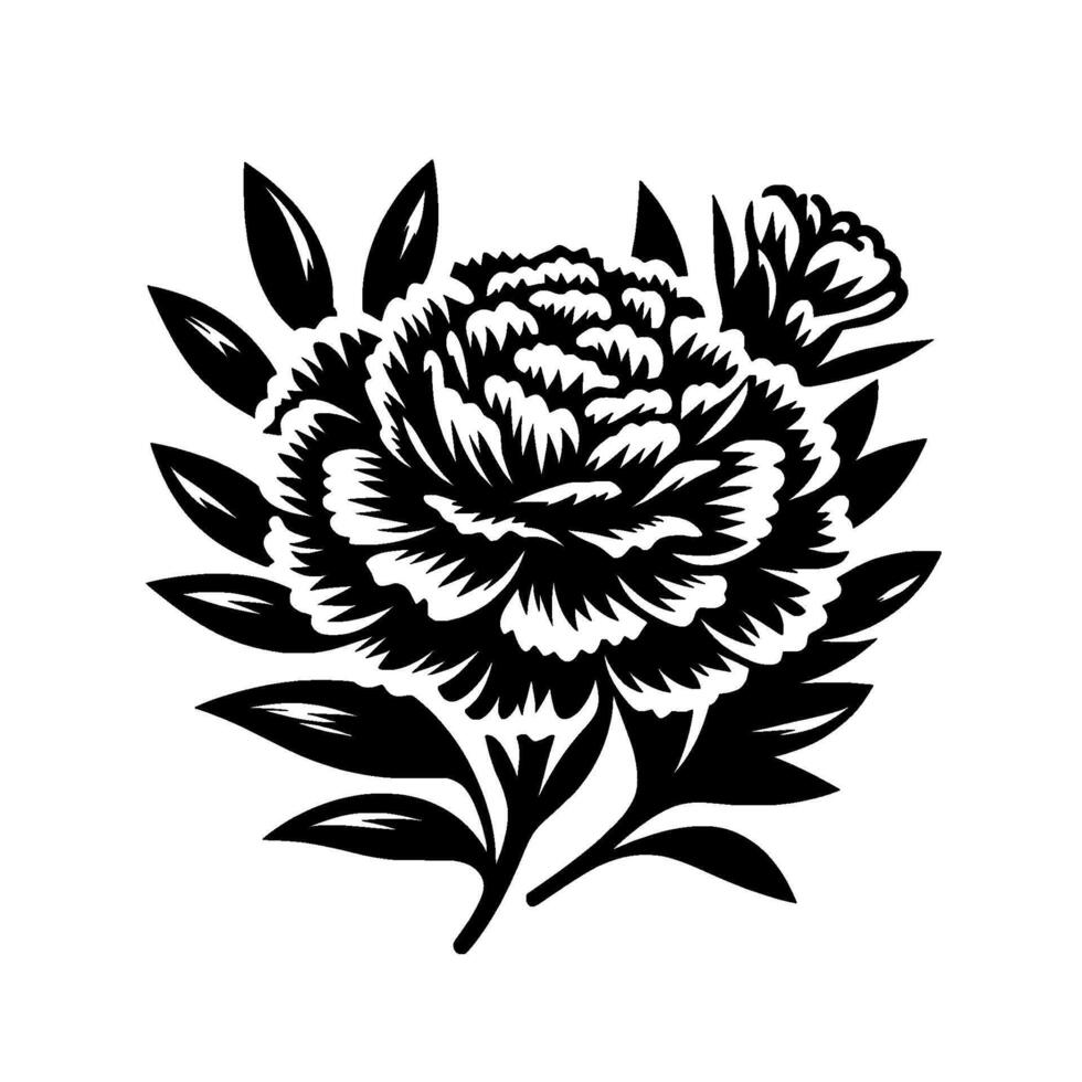 Bold Black and White Floral Illustration A stylized peony bloom with intricate petal detail, leaves, and a smaller bud, isolated on a white background. vector