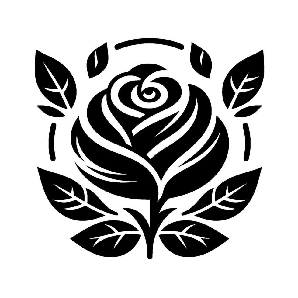 Stylized, symmetrical black rose with surrounding leaves and stems against white background, minimal art. vector