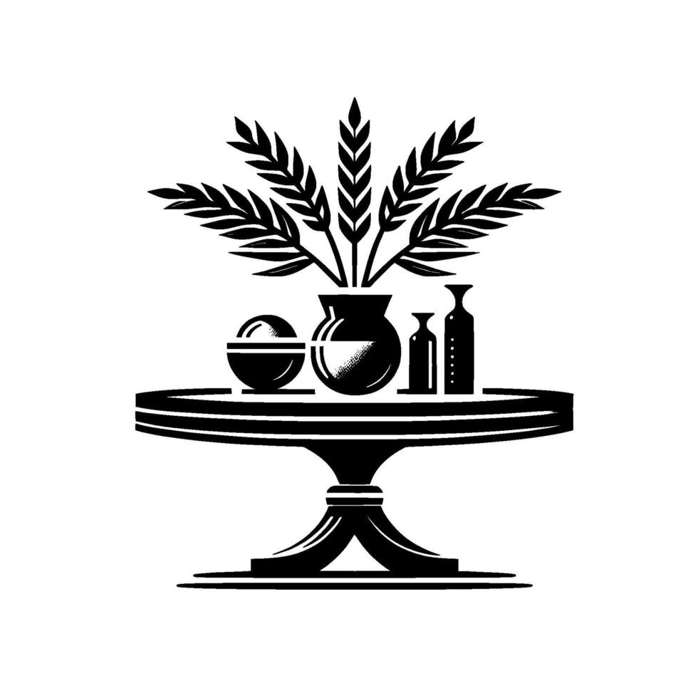 Black and white minimalist illustration of a table with decorative objects wheat in a vase, sphere, bottles. vector