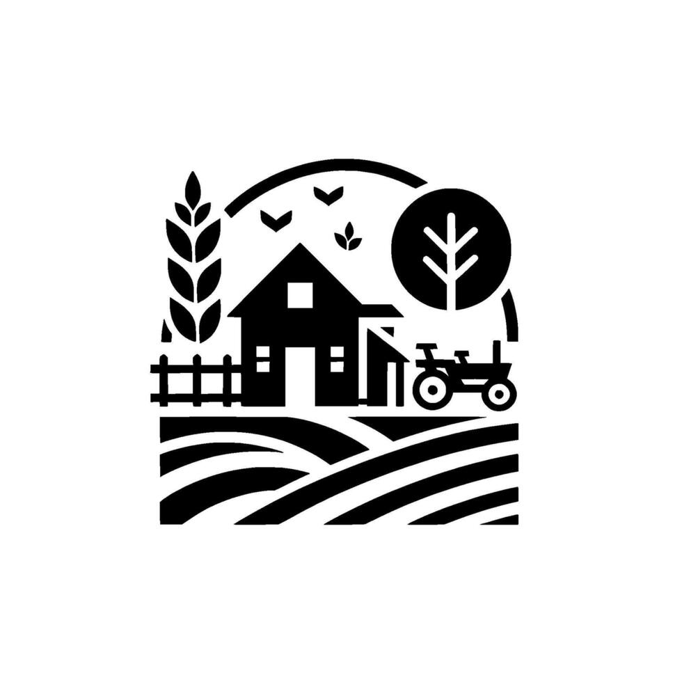 Minimalist Black and White Farmhouse with Wheat, Tractor, Tree, Fields, and Flying Birds. vector