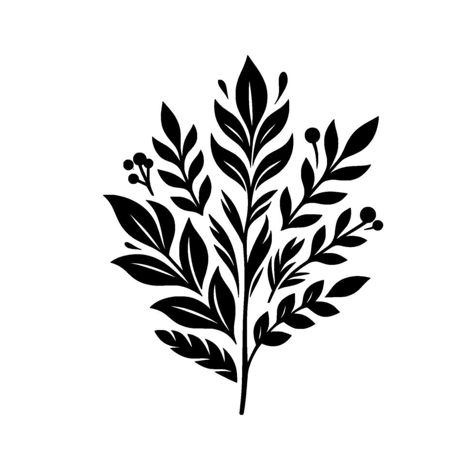 Black and White Floral Illustration Elegant, symmetrical with leaves and berries, presented against a pristine white backdrop. vector
