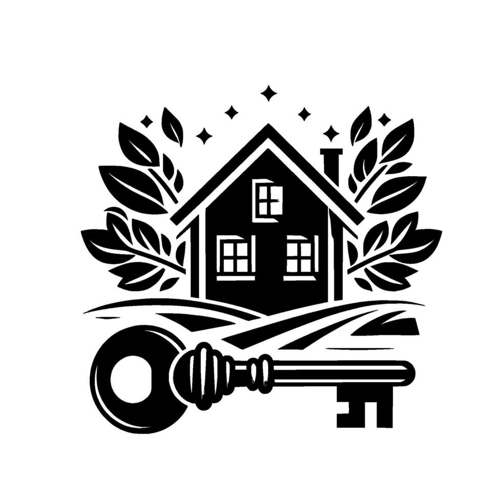 Black and White House with Key, Surrounded by Leaves and Fields, Symbolizing Homeownership and Security. vector