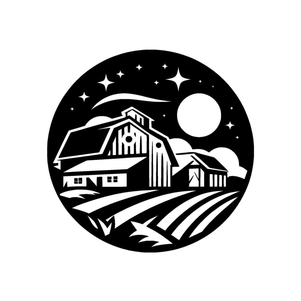 Silhouetted Circular Illustration of a Farm at Night with a Barn, Fields, Stars, and a Full Moon in Black and White. vector