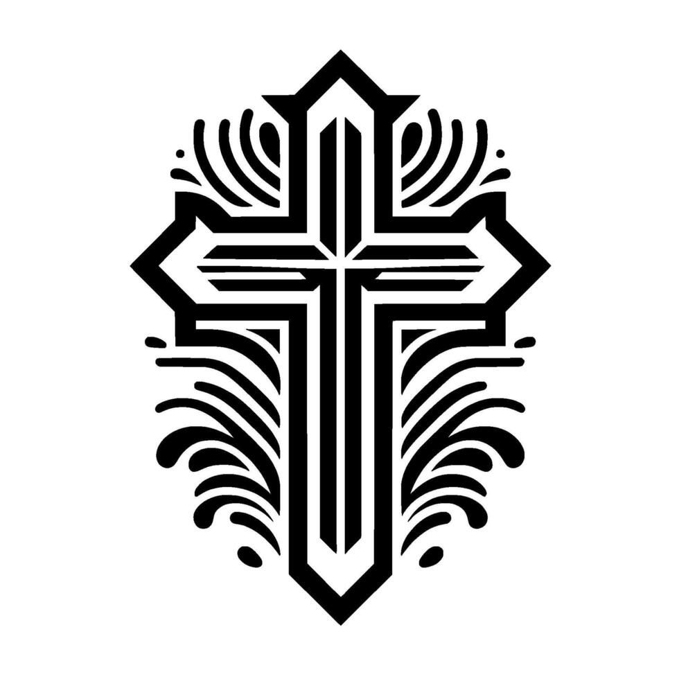 Ornate Black and White Christian Cross with Stylized Floral Embellishments on a White Background, Elegant and Spiritual vector