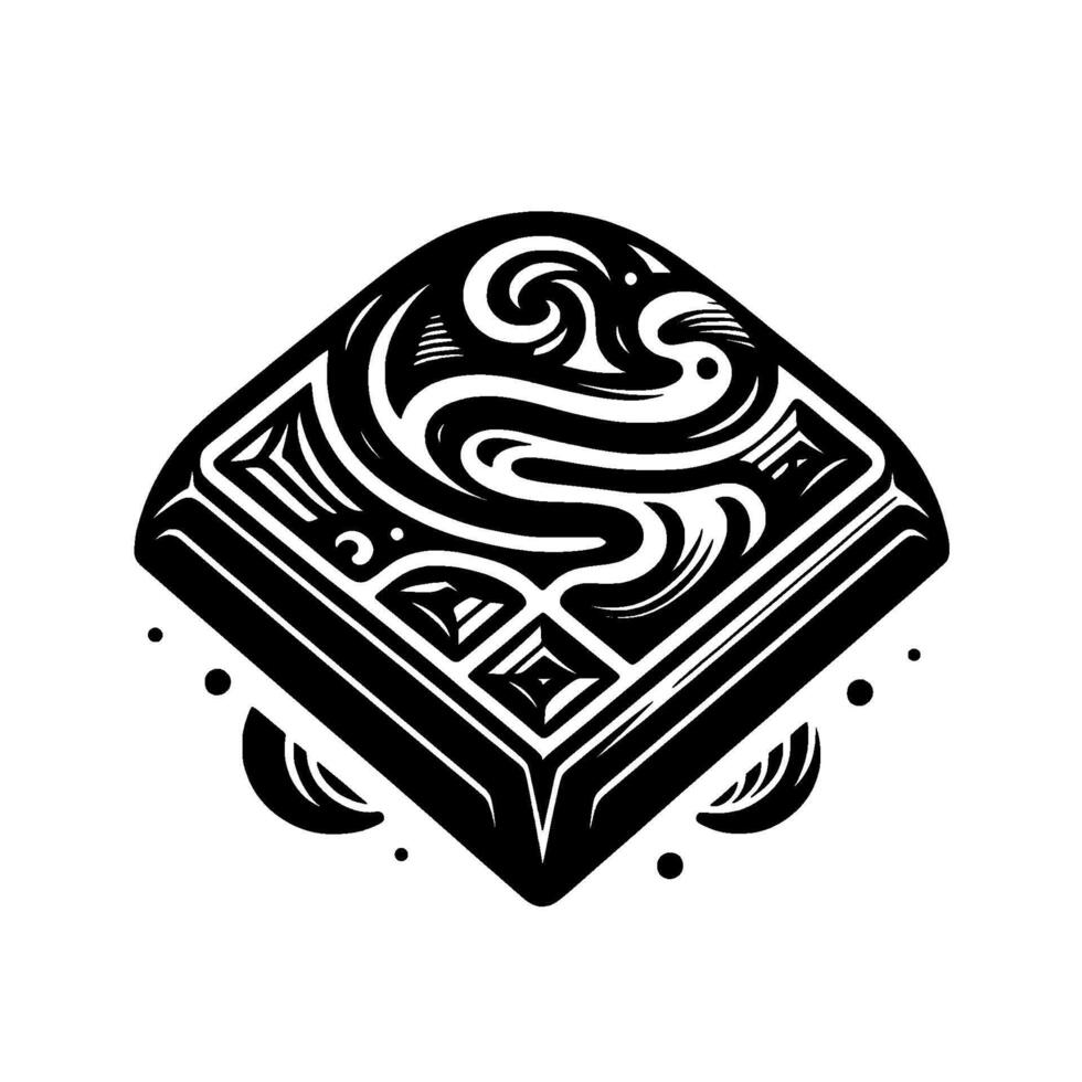 Bold Geometric Black and White Illustration of a Stylized, Decorative Emblem with Swirling , Isolated on White. vector