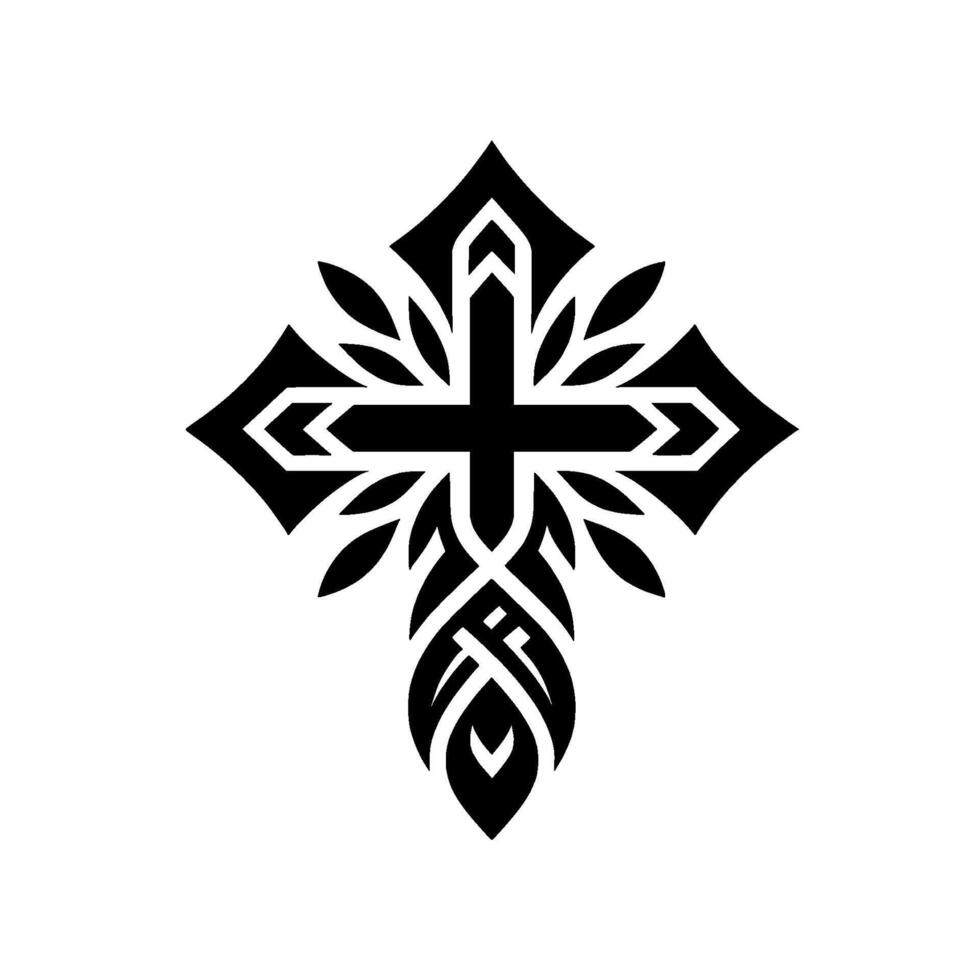 Intricate Black Cross with ArrowShaped Arms, Leaf Embellishments, and Detailed Base on a Clean White Background. vector