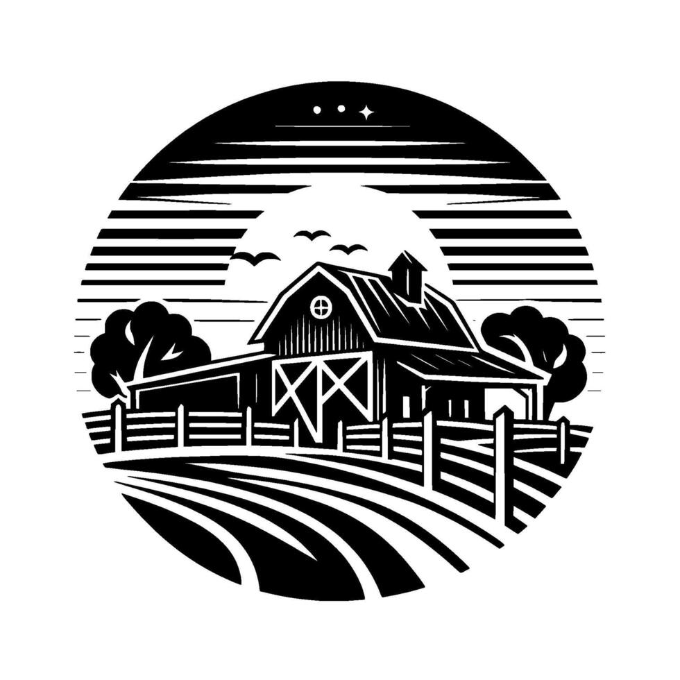 Monochromatic Farm Scene Barn, Fence, and Landscape in a Circular Composition, Showcasing Rural Tranquility. vector