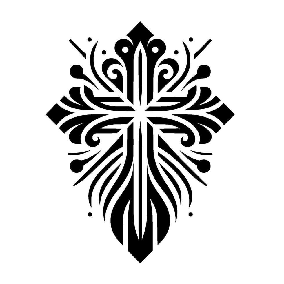 Ornate Black and White Christian Cross with Abstract Floral Elements, Geometric Aesthetics, and Spiritual Undertones on a White Backdrop. vector