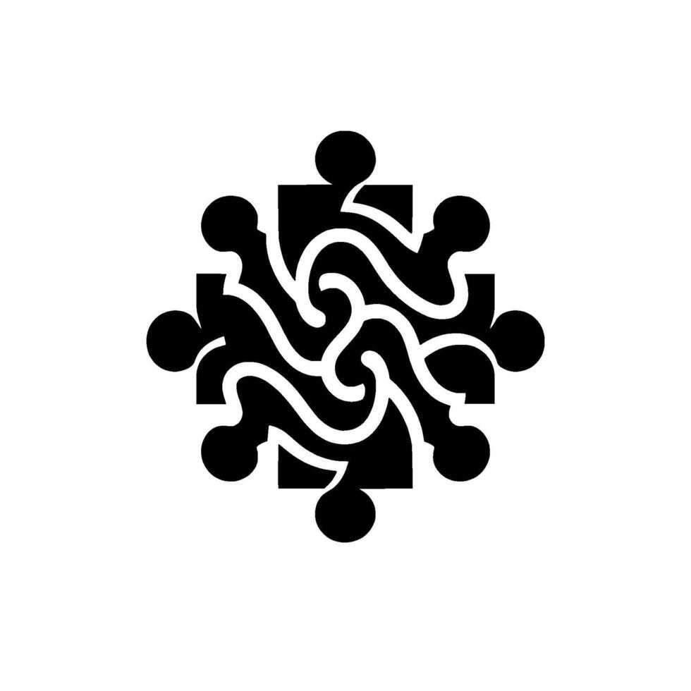 Abstract black and white jigsaw puzzle with a square outline, circular end pieces and swirling interior lines, on a light gray background. vector