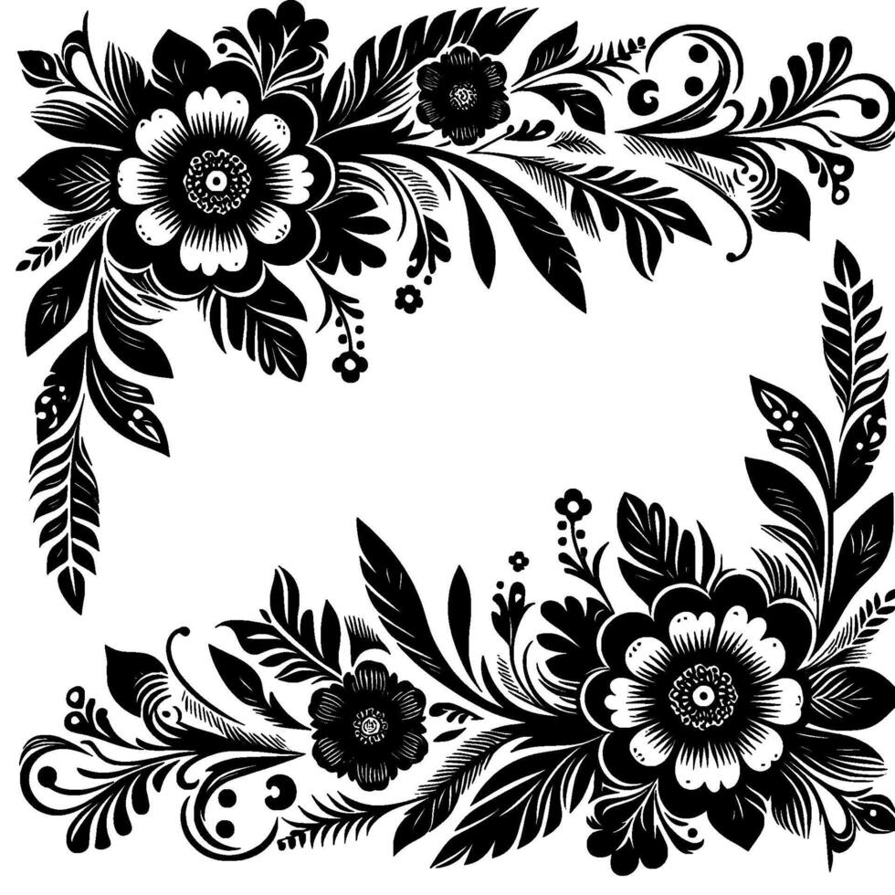 Intricate Black and White Floral Frame , symmetrical arrangement of stylized flower blossoms, foliage, and delicate curling tendrils, with minimalist aesthetic. vector
