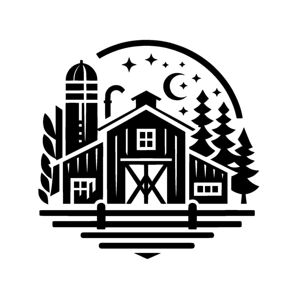 Rural Black and White Farm Scene with Barn, Silo, Trees, Moon, and Stars, Circular Composition. vector