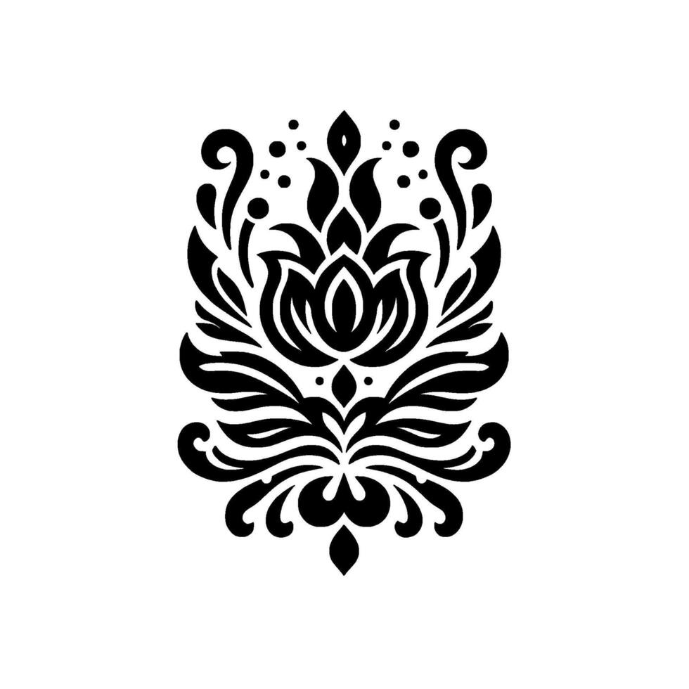 A symmetrical black and white ornamental floral , featuring a stylized flower at its core and decorative flourishes. vector