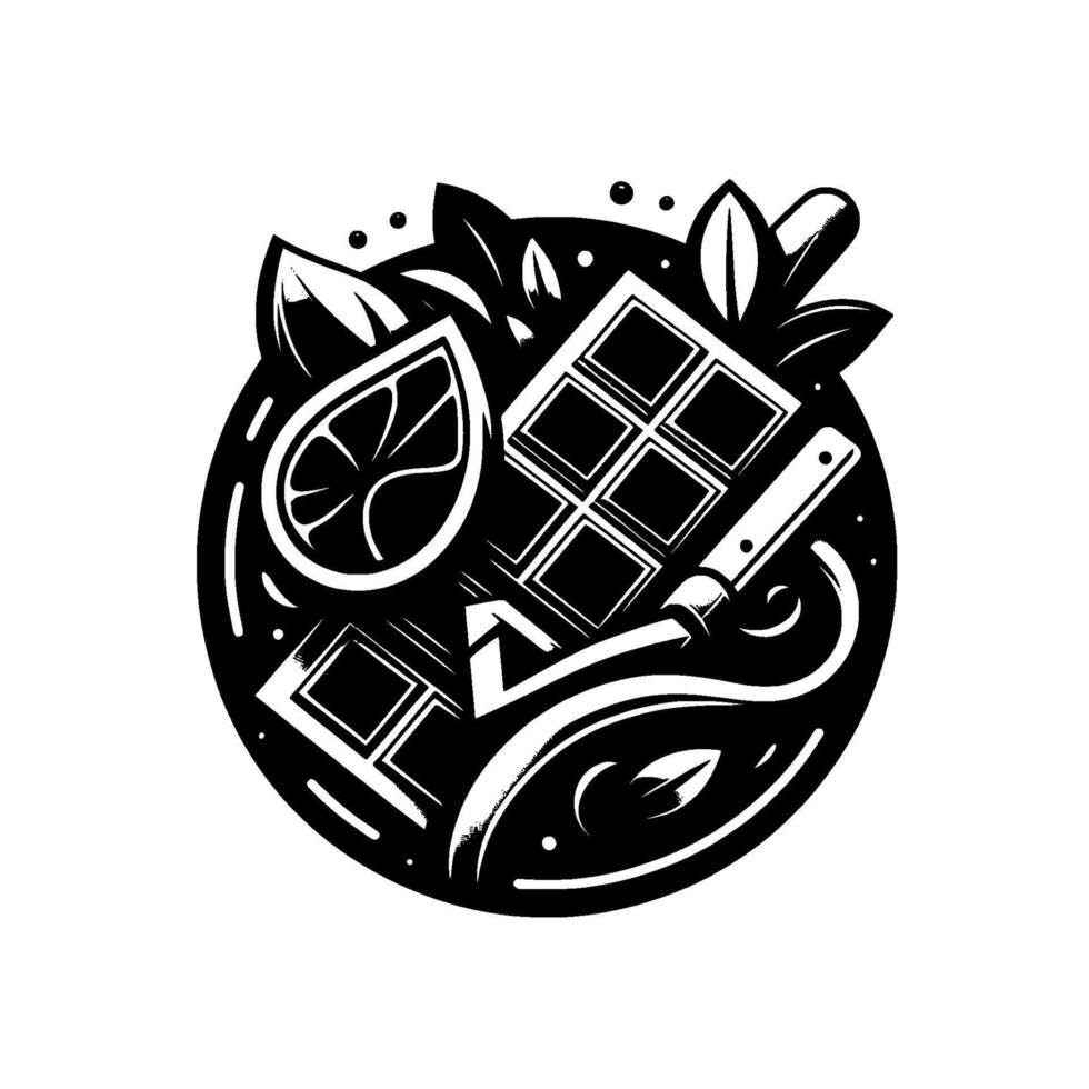 Black and White Chocolate Dessert Composition Bar, Lemon, Knife, Leaves, and Circle Arrangement for Branding vector
