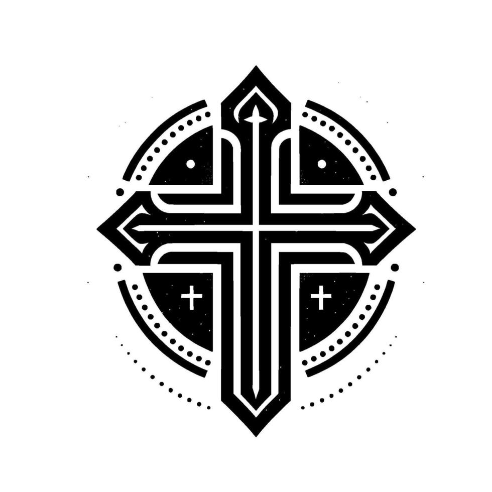 Stylized Geometric Cross within a Dotted Circle, Black and White Minimalist for Spiritual Symbolism. vector