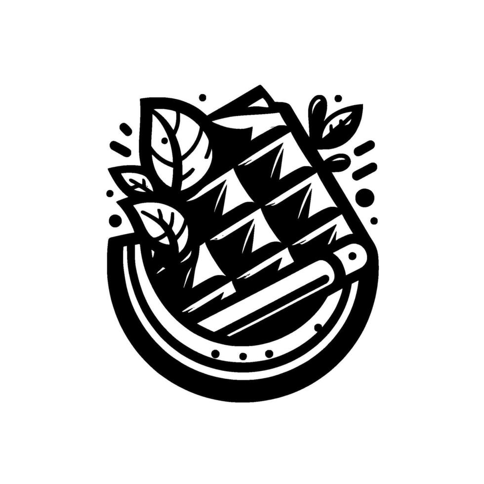 Monochrome illustration of a waffle with a modern , decorated with leaves and served in a bowl. vector