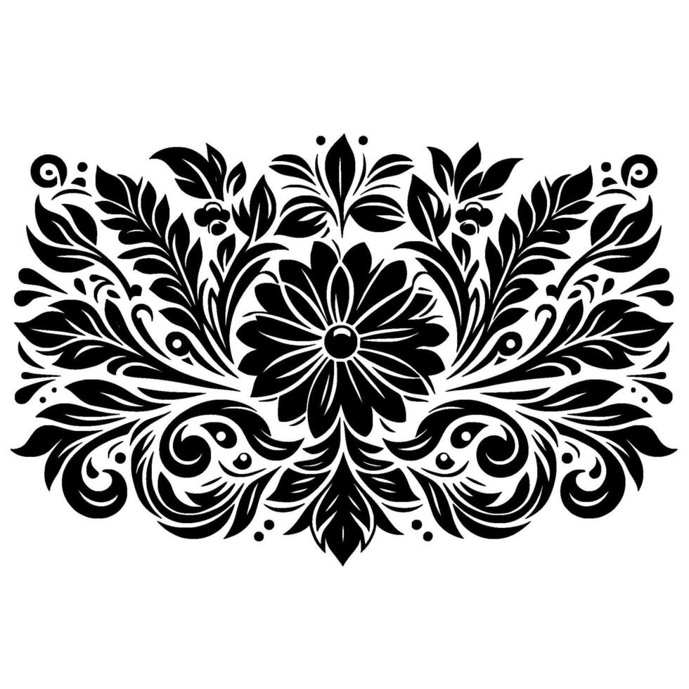 Symmetrical Floral in Black and White with a Central Flower and Leafy Ornamentation vector