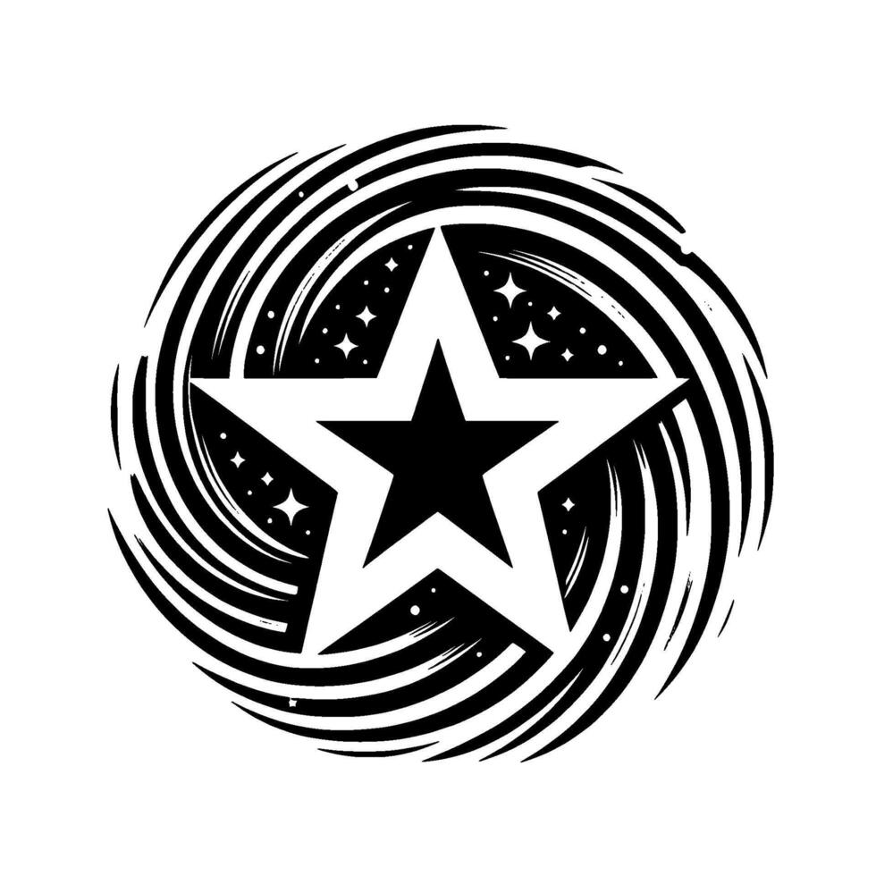 Black Star within a whitelined spiral galaxy with scattered stardust, a minimalist, artistic, celestial illustration on a white backdrop. vector