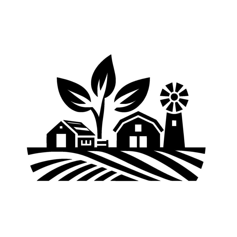 Monochromatic Farmscape Stylized Silhouettes of Buildings, Crops, Windmill, and Trees, Representing Rural Agriculture and Sustainable Farming. vector