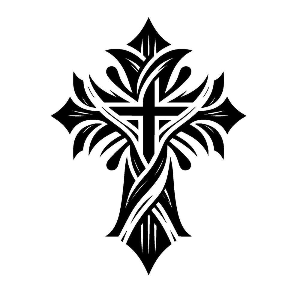 Elegant Black and White Cross with Detailed Floral and Leaf Embellishments, Isolated on Clean White Background. vector