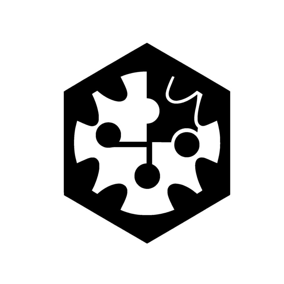 Abstract PuzzleGear Black Hexagon Frame, White GearShaped Pieces with Dots and Curly lines, Modern Concept. vector