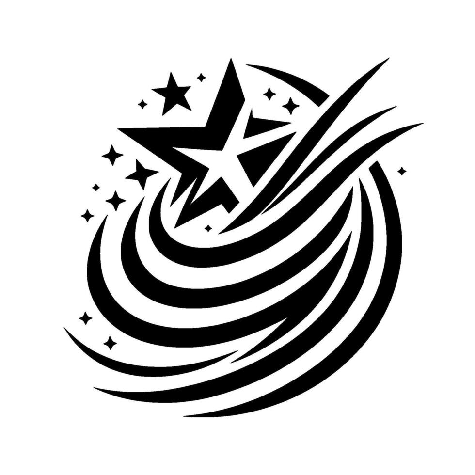 A dynamic, black and white featuring a stylized star with flowing arc elements and smaller stars for a modern, impactful emblem. vector