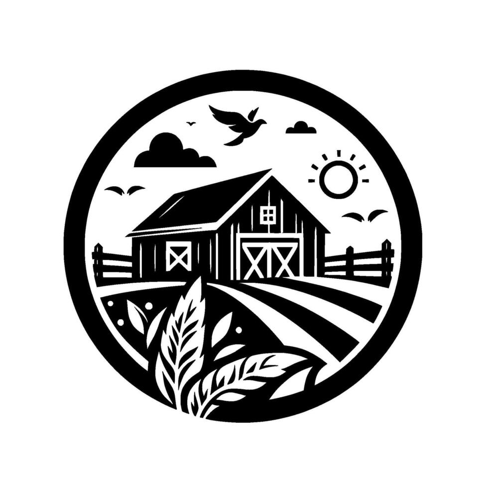 Minimalist black and white circular of a barn in a field, with sun, birds, plants, clouds, and fence, evoking rural tranquility. vector