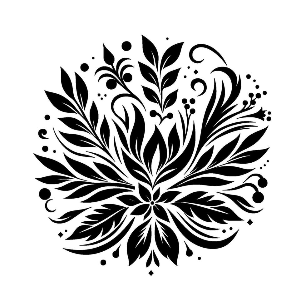 Detailed circular floral ornament in monochrome, intricate leaves, dots, and swirls, clean white background. vector