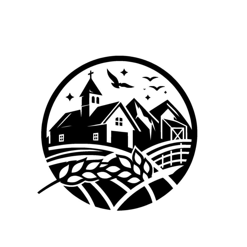A stylized circular emblem depicting a rural landscape with farm buildings, crops, mountains, and flying birds in a simple black and white . vector