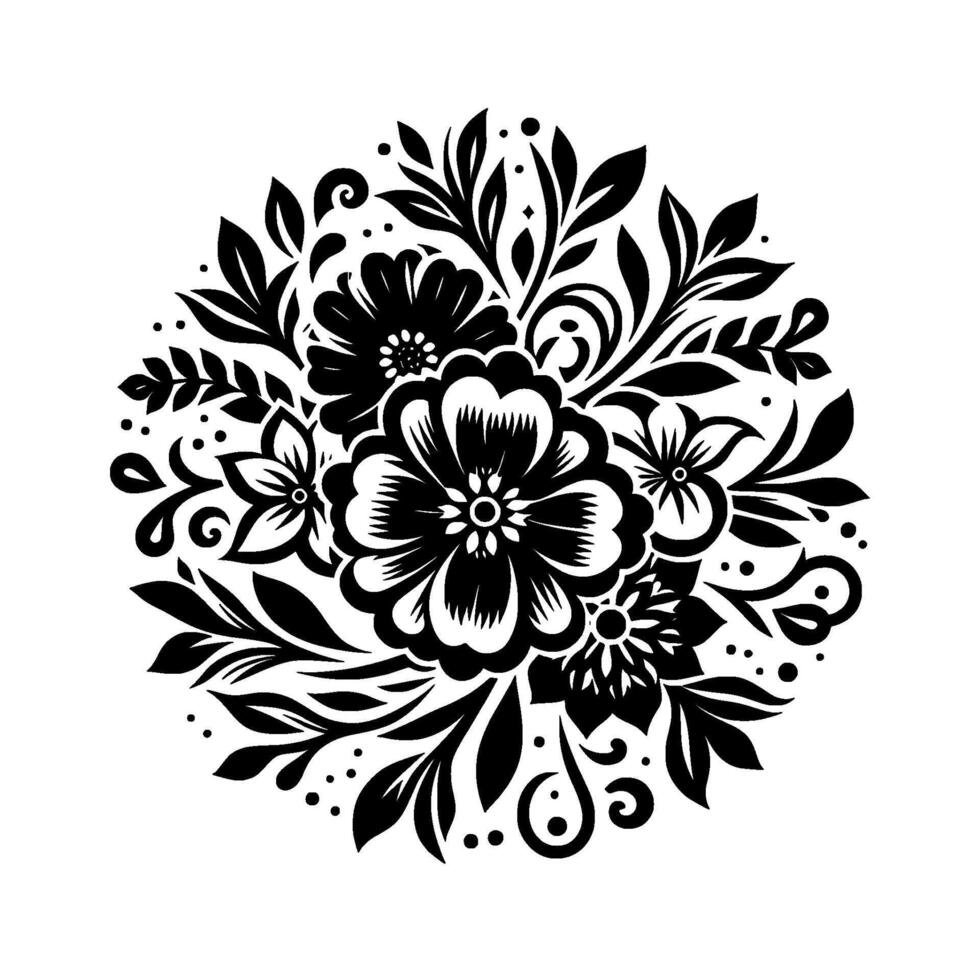 Intricate Black and White Floral in a Circular Arrangement, Featuring Detailed Flowers, Leaves, and Decorative Swirls. vector