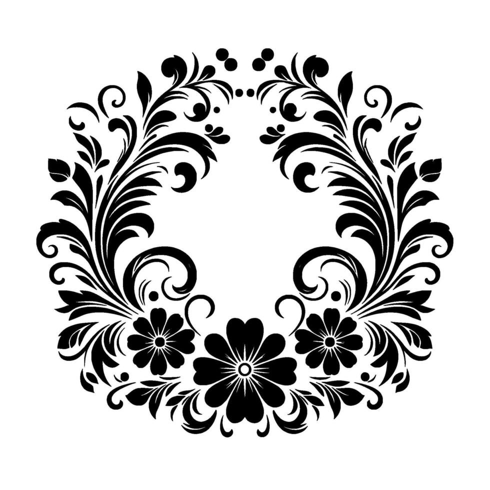 Intricate Black Floral Wreath A symmetrical, monochromatic featuring detailed flowers, leaves, and swirling elements arranged in a circular fashion. vector