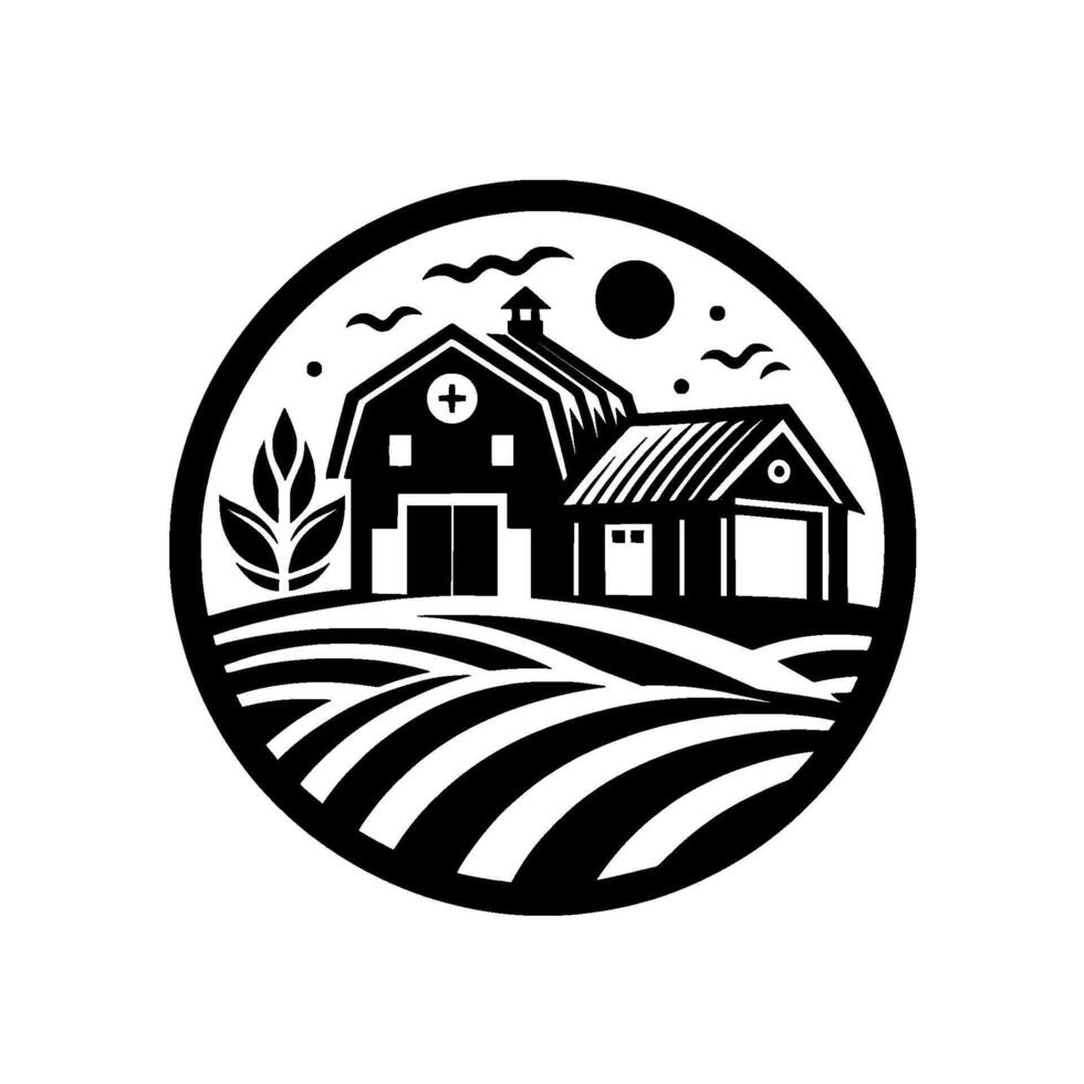 Monochrome Farmhouse Silhouette in a Circular Frame Barn, House, Fields, Sky, Birds, and Sun Symbolizing Rural Life. vector
