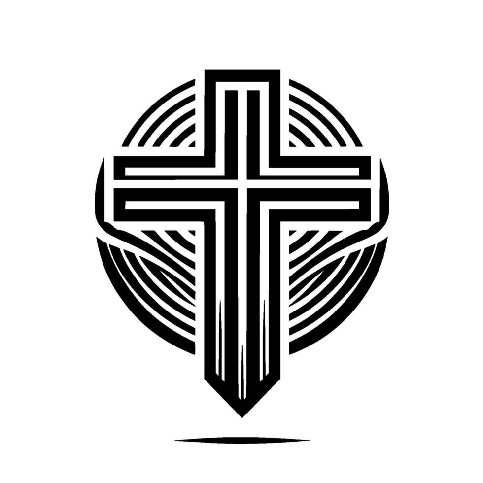 Bold Black and White Abstract Christian Cross within a Circle, Minimalist Religious Symbol, Art. vector